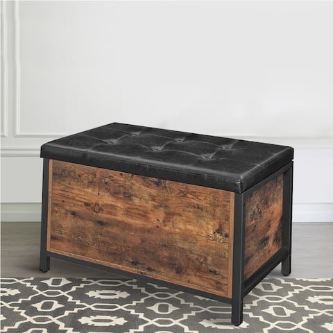 Button Tufted Leatherette Flip Top Storage Bench, Black and Brown
