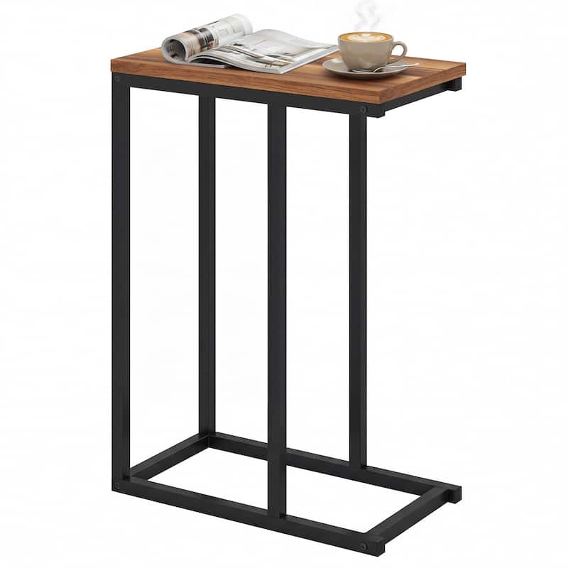 Gymax C-shaped End Table w/Adjustable Foot Pads Small Snack Table for - Rustic Brown