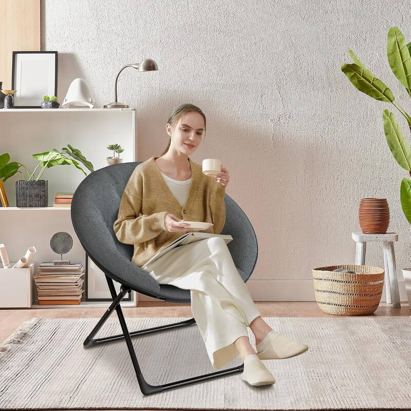 Comfy Folding Saucer Chair for Bedroom, Faux Fur Lounge Moon Chair with Sturdy Metal Frame, Oversized Plush Flower