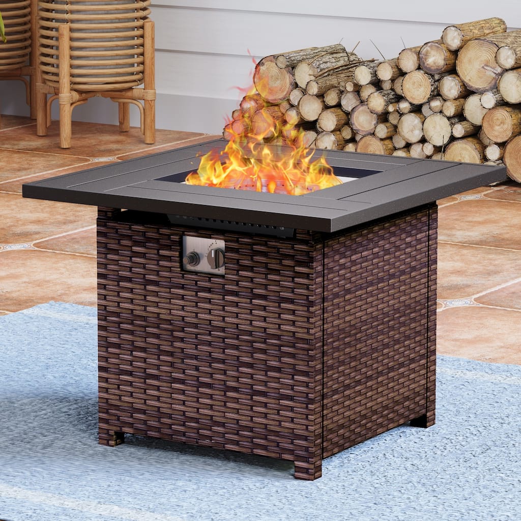 Outdoor Propane Fire Pit Table - 32/45/56 Inch, 50,000 BTU, Rattan/Black Finish, Includes Lid & Fire Glass