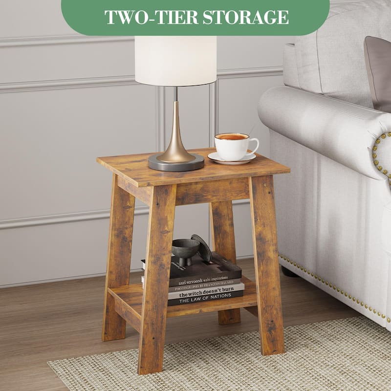 , Rustic Side Table with Storage Shelf, Small Center Table