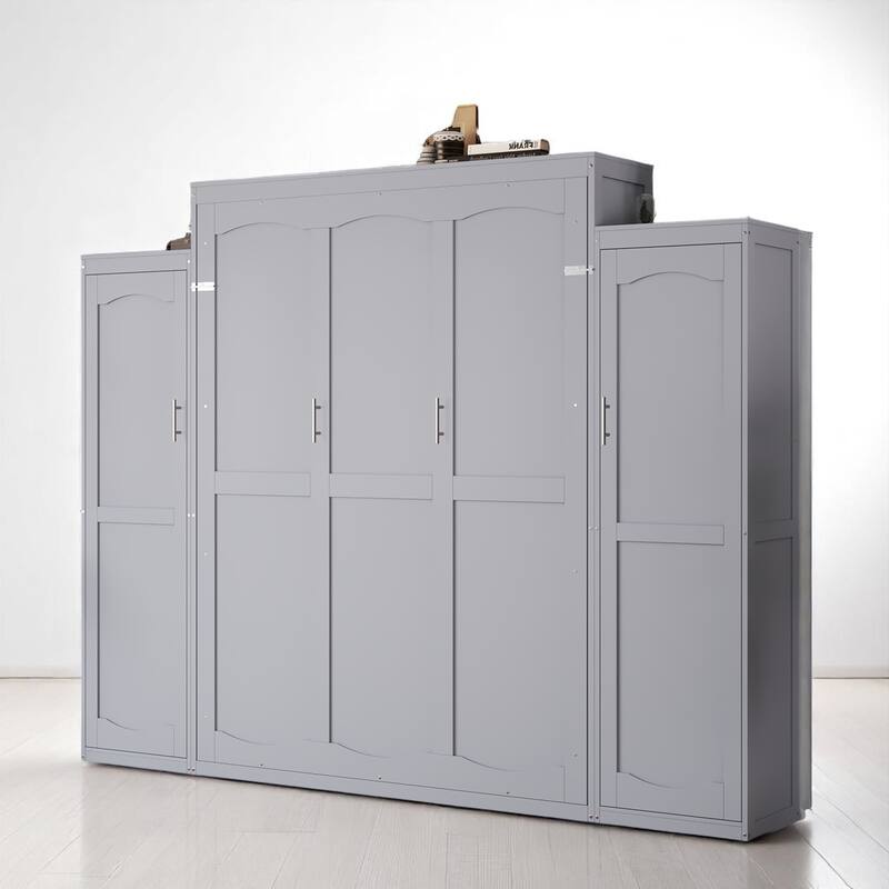 Full/Queen Murphy Bed with 2 Wardrobes and Shelf, Foldable Wall Bed Frame with Storage for Guest Room or Bedroom