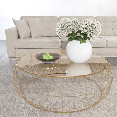 Malibu Octagon Coffee Table Templered Glass Tabletop in Sturdy Metal Geometric Base - 15" H x 34.5" W x 34.5" D