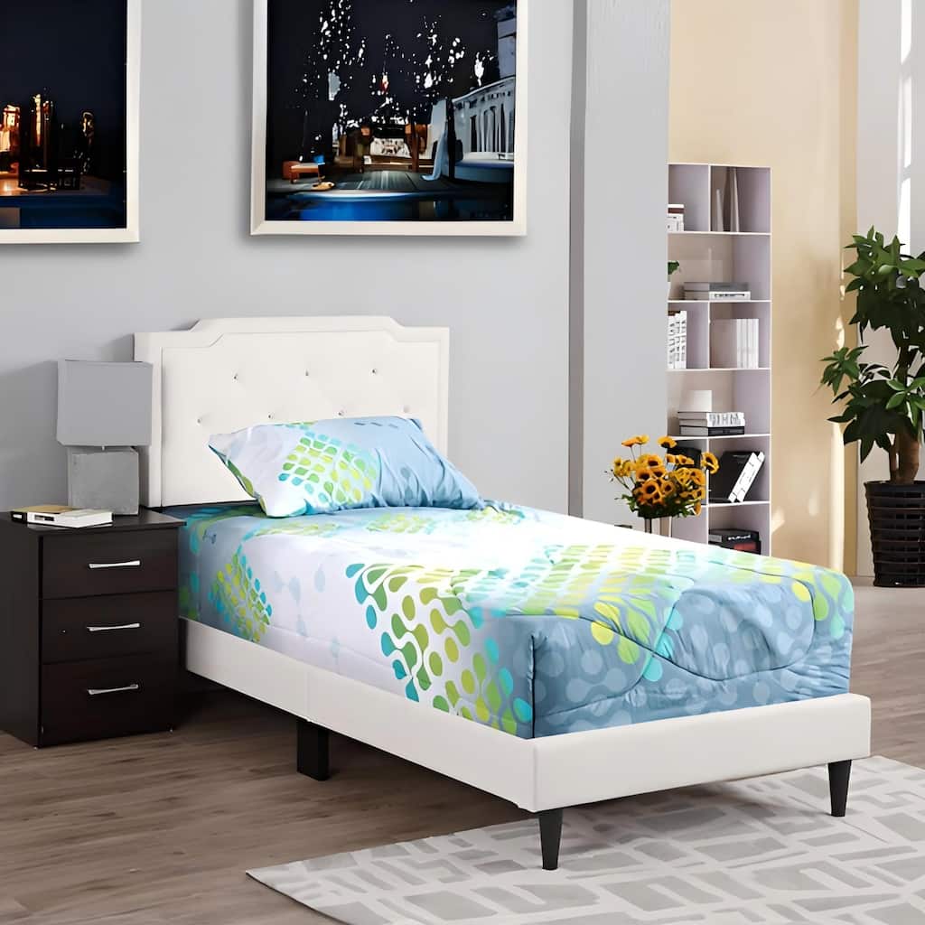 White Twin Bed with Tufted Headboard and Adjustable Height, All in One Box