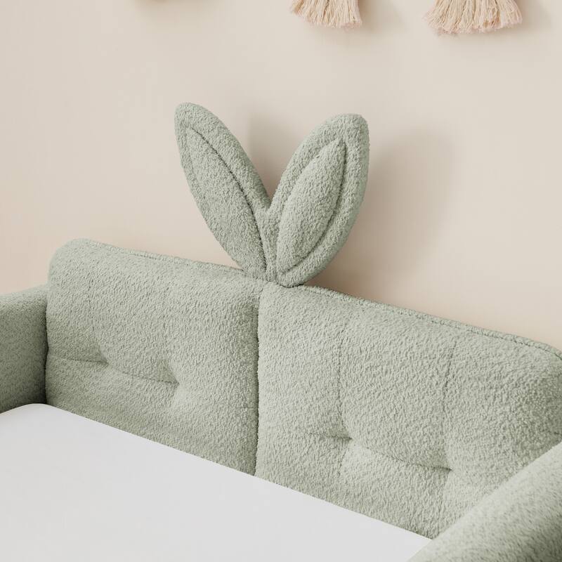 Roomfitters Twin Upholstered Platform Bed with Rabbit Ear Headboard, Safety Rail and Side Pocket, Boucle Fabric