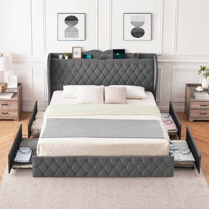 Grey Upholstered Platform Bed with Drawers and Charging Station - King