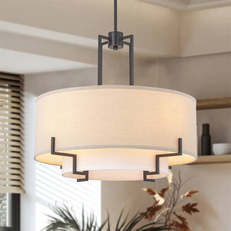 4-Light Farmhouse Modern Oil-Rubbed Bronze Fabric Drum Pendant Light - 25 in. W x 22.6 in. H