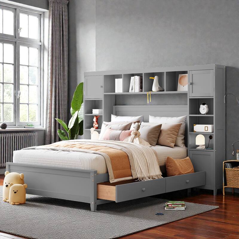 Full Size Wooden Platform Bed with Storage Drawers, All-in-One Cabinet and Shelf Headboard