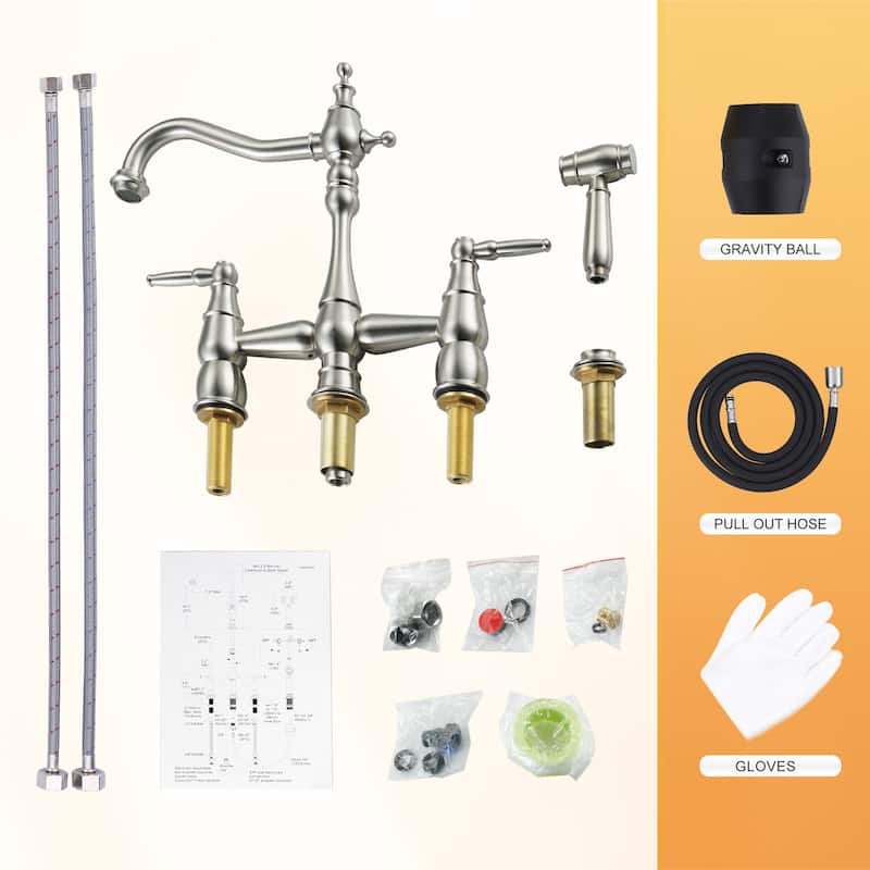 WOWOW 4 Hole Double Handle Bridge Kitchen Faucet with Side Sprayer