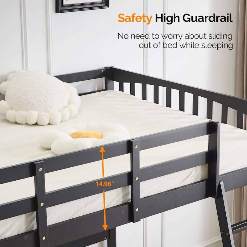 Solid Wood Loft Bed with USB Charging Station/LED with Flat Rungs,No Box Spring Needed