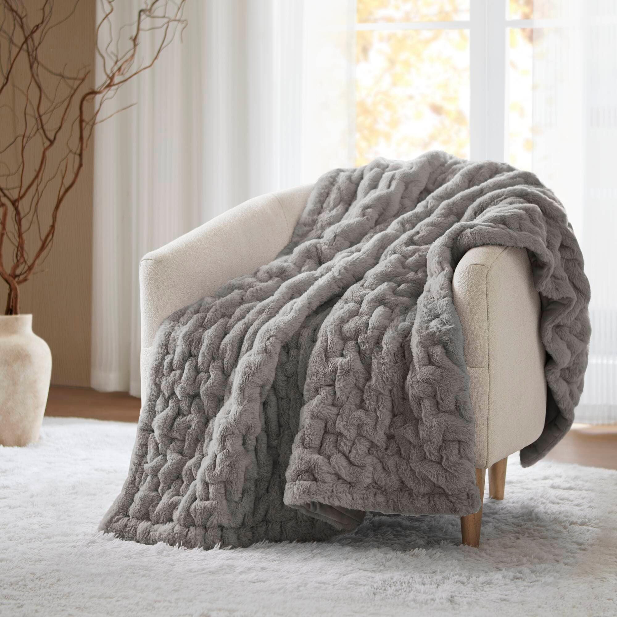 Madison Park Solid Ruched Faux Fur 50x60" Ultra-Soft Reversible Throw