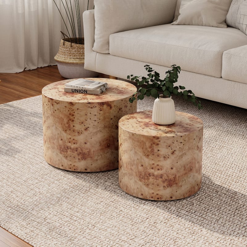 Modern Round Nesting Coffee Table Set of 2, Wooden Drum Accent Tables for Small Spaces - LightBurl
