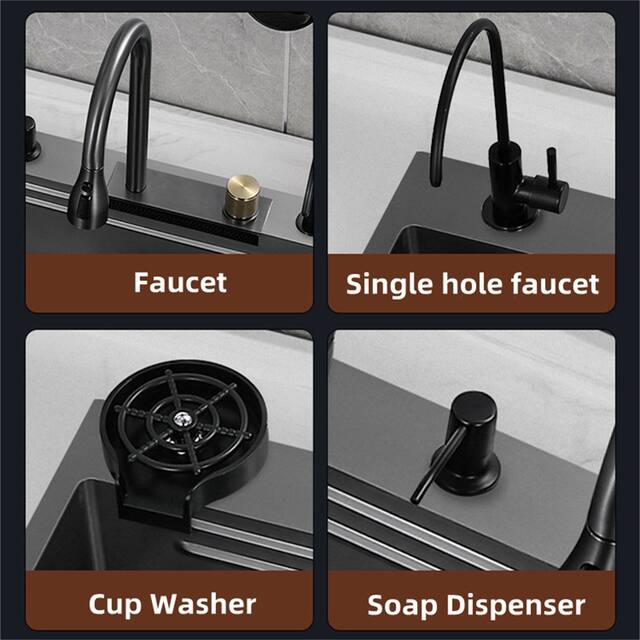 Stainless Steel Drop-in Kitchen Sink Waterfall Faucet and Ac