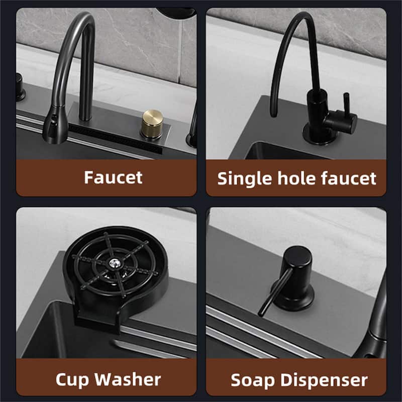 Stainless Steel Drop in Kitchen Sink Waterfall Faucet and Accessories