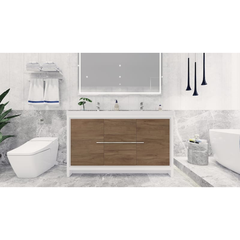 dolce 60 natural oak finish freestanding bath vanity with dual basin reinforced acrylic top