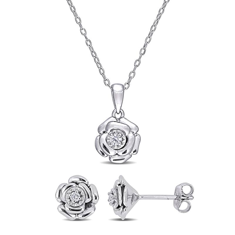 Miadora 1/10ct TDW Diamond Flower Pendant Chain Stud Earrings Set Sterling Silver