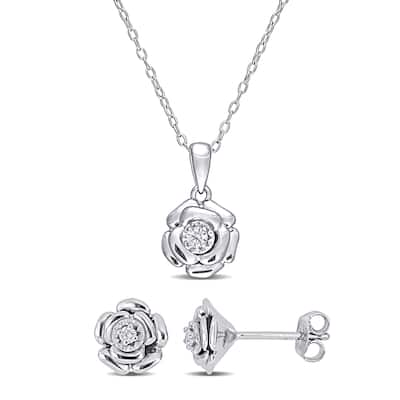Miadora 1/10ct TDW Diamond Flower Pendant Chain Stud Earrings Set Sterling Silver