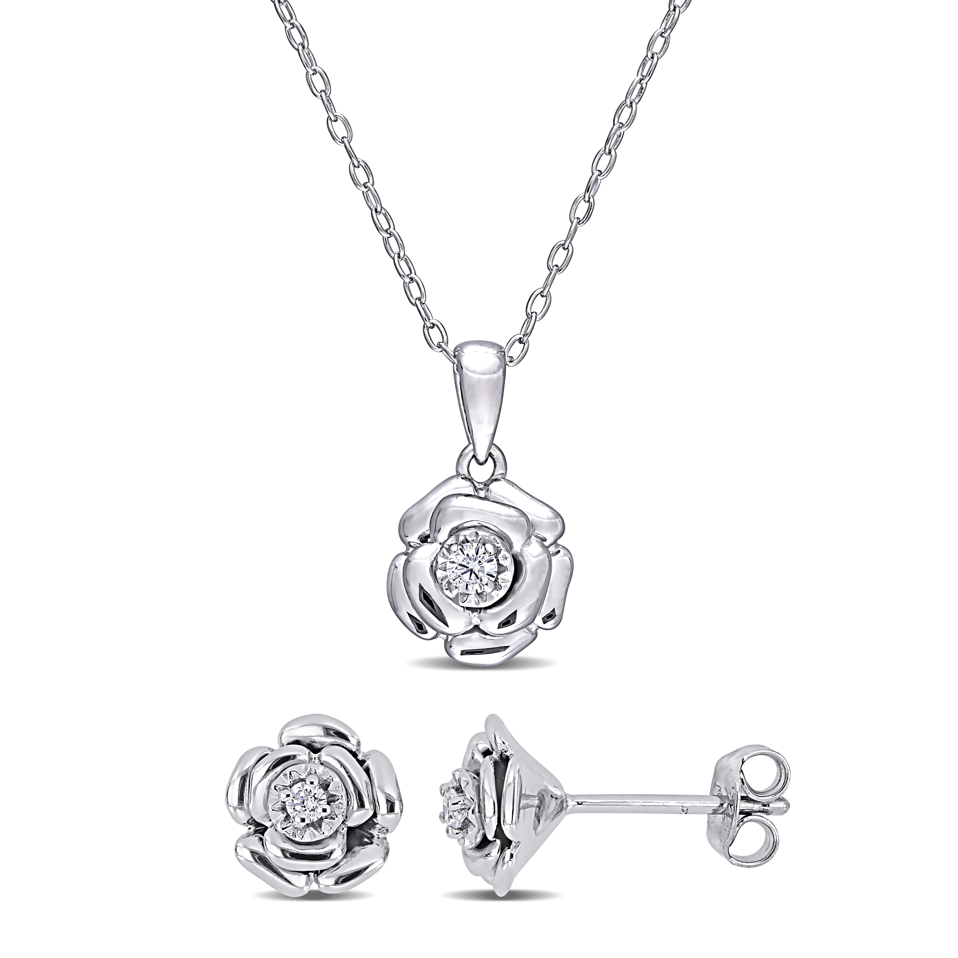 Miadora 1/10ct TDW Diamond Flower Pendant Chain Stud Earrings Set Sterling Silver