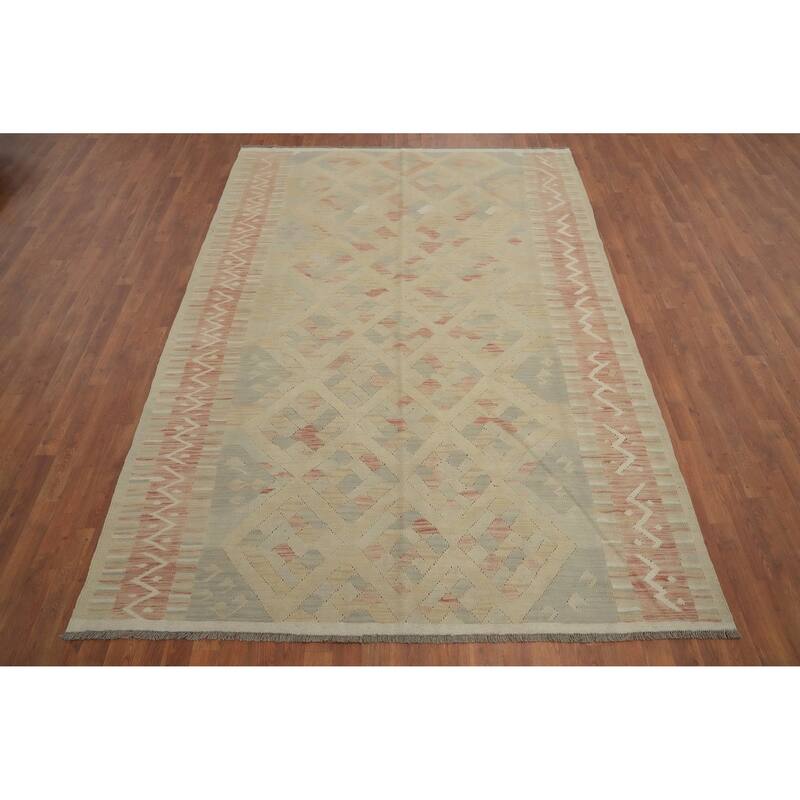 Hand Woven Oriental 100% Wool Carpet Southwestern Tribal Beige & Ivories Kilim Area Rug - 9' 8'' X 6' 8''