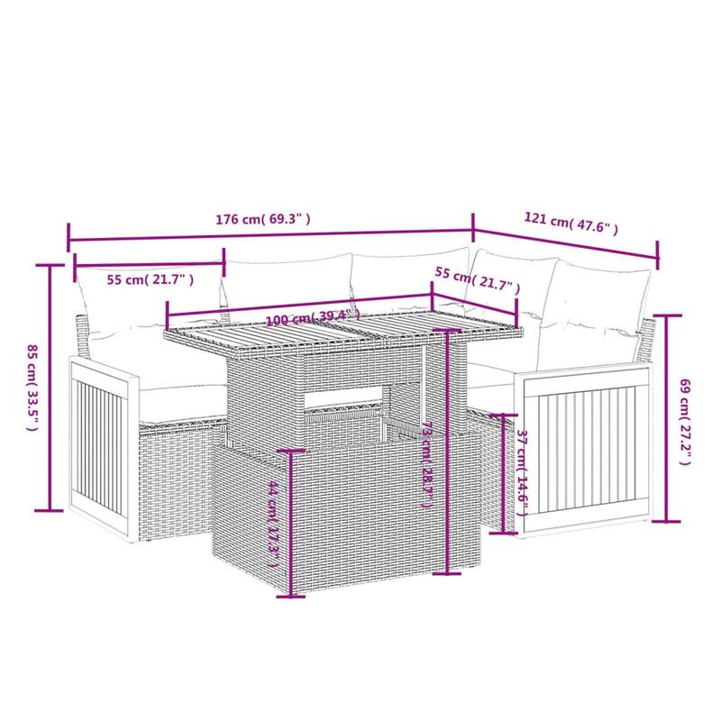 vidaXL Patio Sofa Set with Cushions Outdoor Furniture 5 Piece Poly Rattan - 21.7 x 24.4 x 27.2