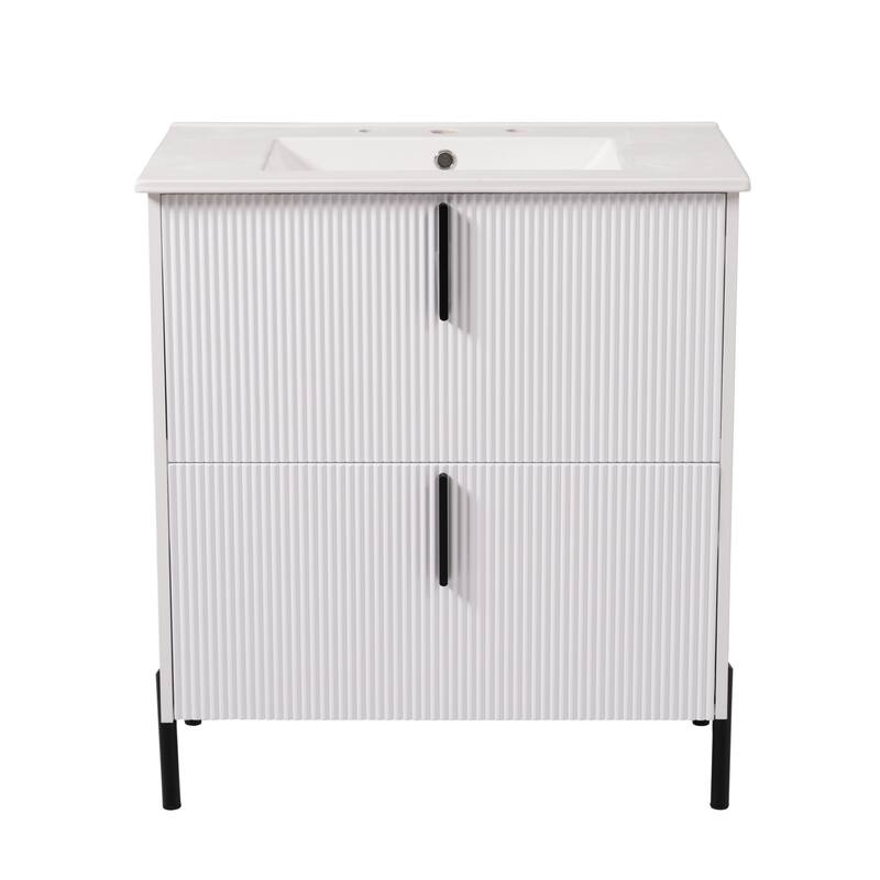 30-Inch Bathroom Vanity with a Ceramic Sink, Full-Extension Drawers, Soft-Close Undermount Slides, and a Fluted Design.