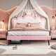 preview thumbnail 34 of 57, Upholstered Platform Bed w/ Crown Headboard, Leather Princess Bed Frame with Wood Slats Support for Kids Teens