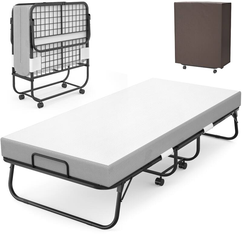 Folding Bed with 5 Inch Memory Foam Mattress, Small Single Bed Extra Guest Bed with Wheel