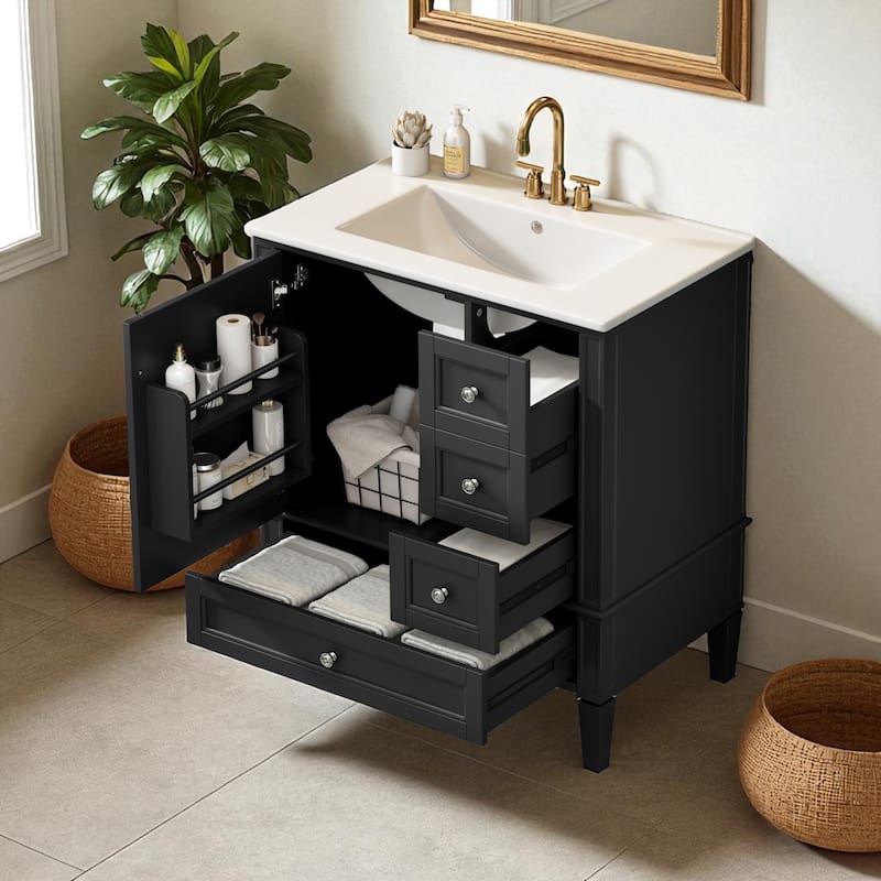 30 Inch Bathroom Vanity with Sink, Modern Freestanding Cabinet with 3 Drawers, Solid Wood Frame & Ceramic Top