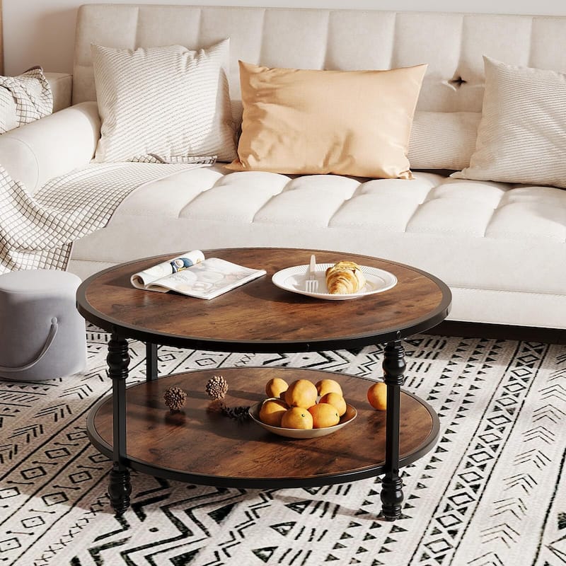 Round Coffee Table for Living Room Rustic Center Table with Storage - 30.5 inch