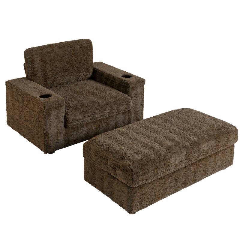 2-Piece Oversized Accent Chair & Ottoman Sets, Single Sofa Reading Couch Chaise Lounge with Storage Ottoman & Cup Holders