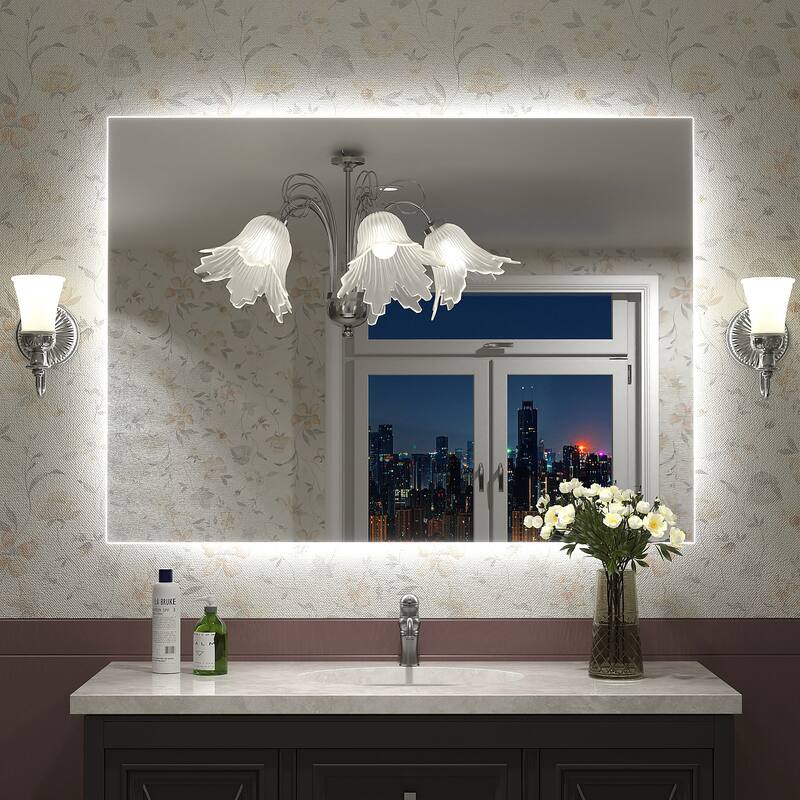 Frameless Anti-Fog 3 Colors Dimmable LED Backlit Wall Bathroom Vanity Mirror - 44" x 32"-Rectangular
