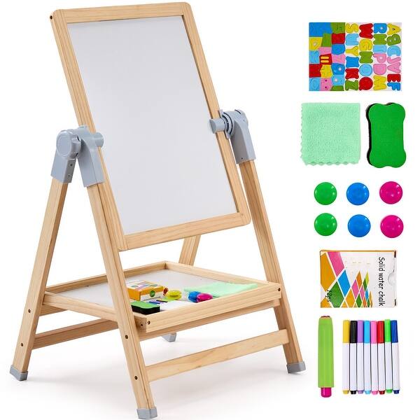 slide 2 of 11, 2-in-1 Natural Wooden Double-Sided Wooden Magnetic Whiteboard Chalkboard Art Easel - 19.29”L x 17.12”W x 39.37”H