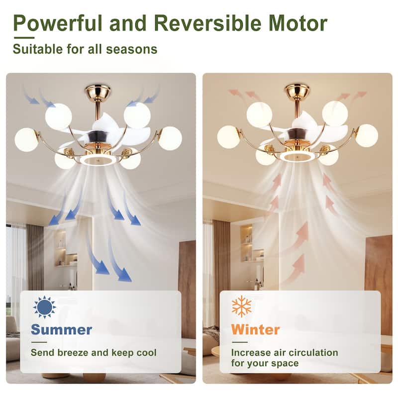 Indoor Black Modern Ceiling Fan with Light, Reversible Fandelier with Bulbs and Remote for Living Room