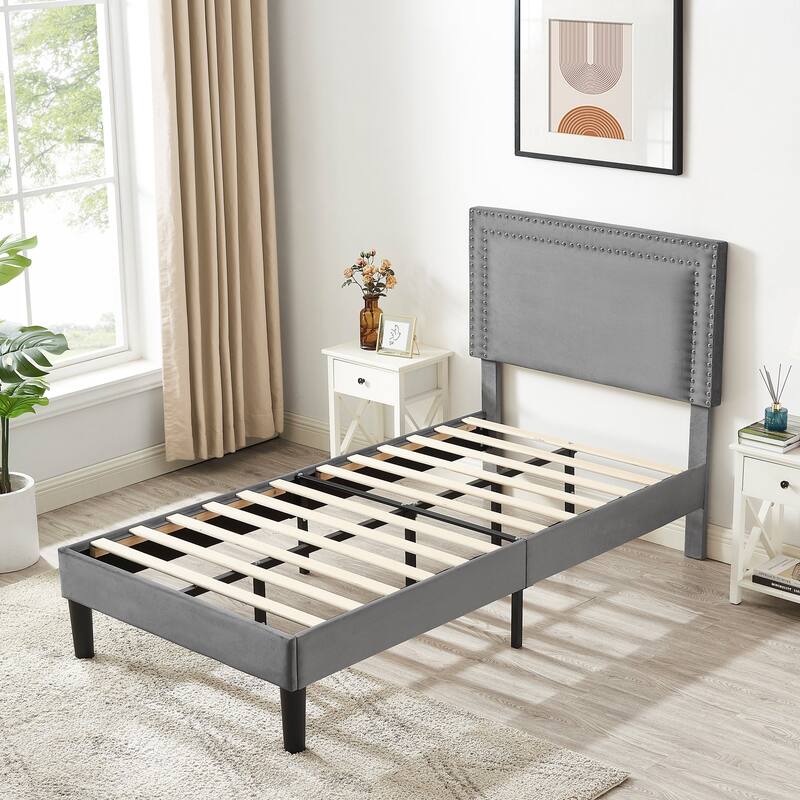 2 Pcs Upholstered Twin Size Platform Bed with Adjustable Headboard