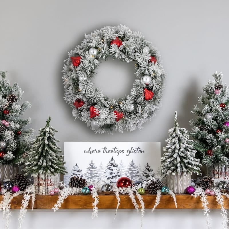 B/O Snowy Bristle Pine Christmas Wreath 24" Warm White LED