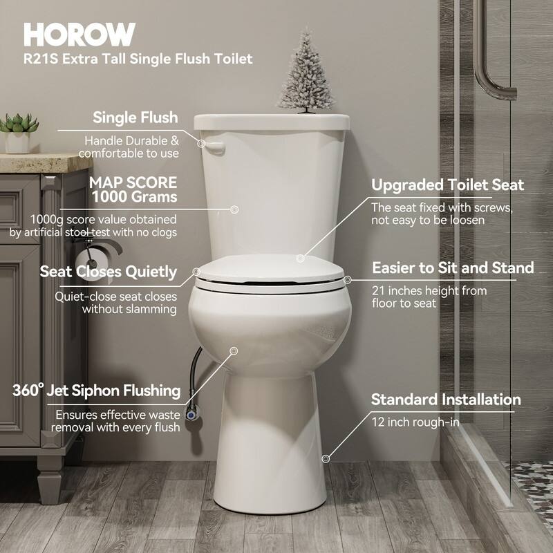 HOROW 21 in. Tall 2-Piece Round Toilet in White with Comfortable Chair Height Seat and 1000g Powerful Flush - 21 Inch