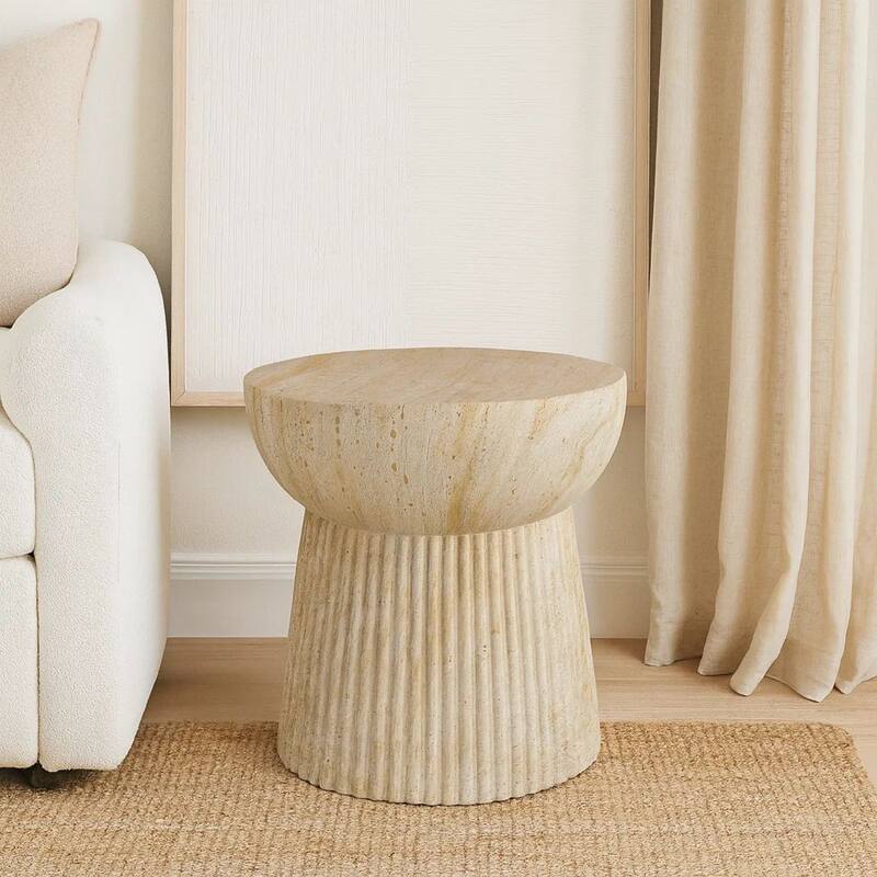 Archi Plant Stand Table, Fluted Design Marbled White Resin 17 Inch