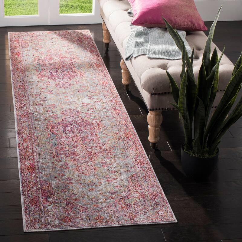 SAFAVIEH Valencia Mysti Vintage Boho Oriental Polyester Rug - 2'3" x 8' Runner - Grey/Red