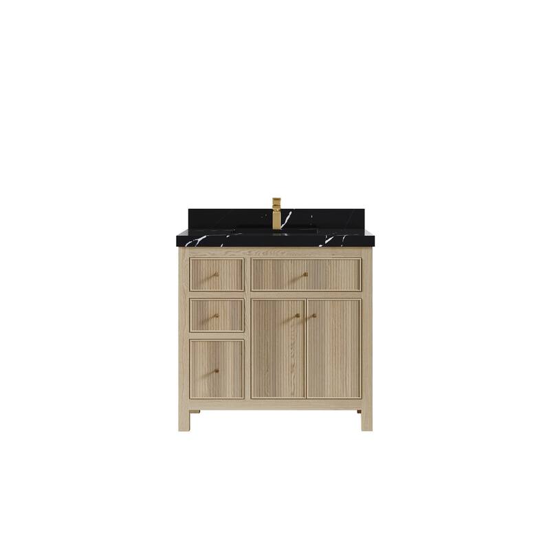 Willow Collections 36 x 22 Sonoma Oak Wood Center Sink Right Bathroom Vanity with Quartz or Marble Countertop
