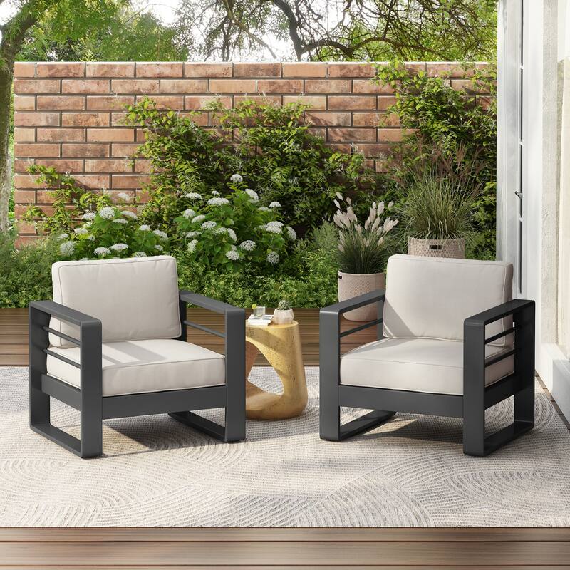 Roomfitters Maya Bay Outdoor Aluminum Club Chair with Rust Resistant Frame, Black and Beige