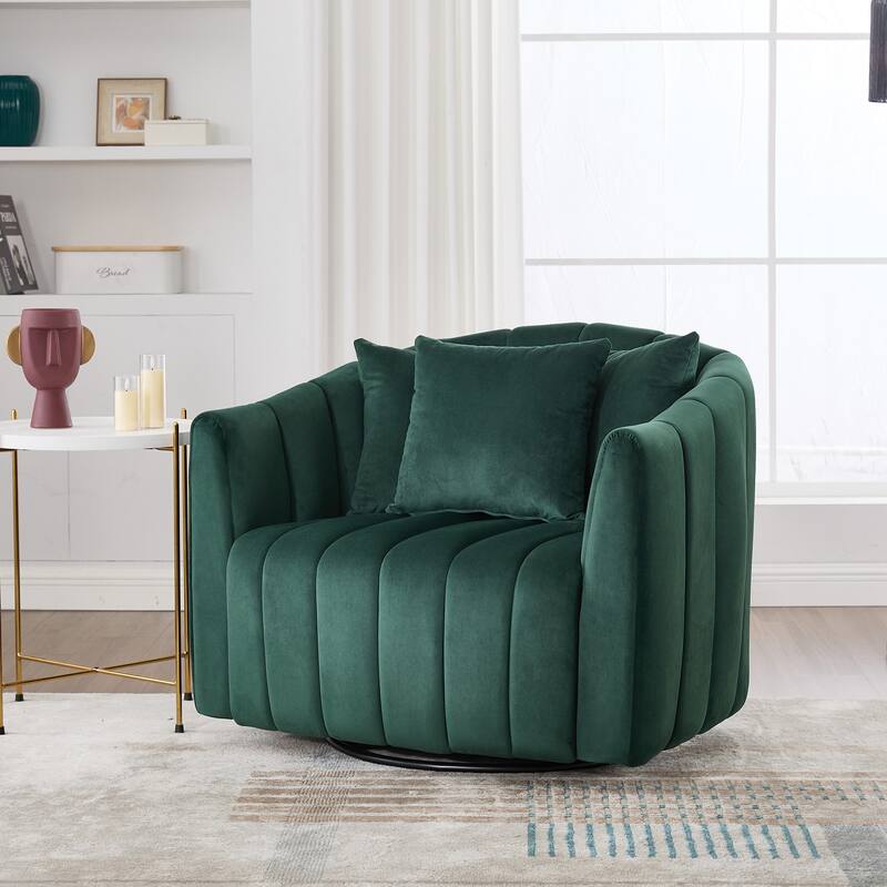 Roomfitters Oversized Swivel Barrel Chair, Velvet Channel Tufted Pumpkin-Shape Club Armchair with 3 Pillows for Living Room