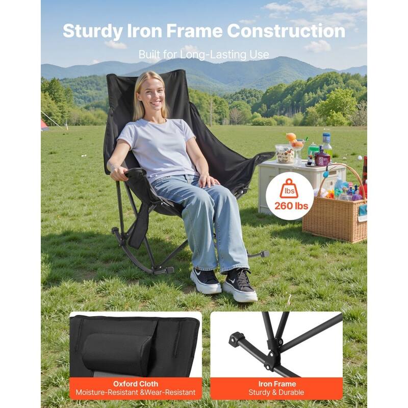 Black Grey Cotton-Padded Oxford Heated Rocking Camping Chair with Dual-Zone Warmth and Foldable Steel Frame