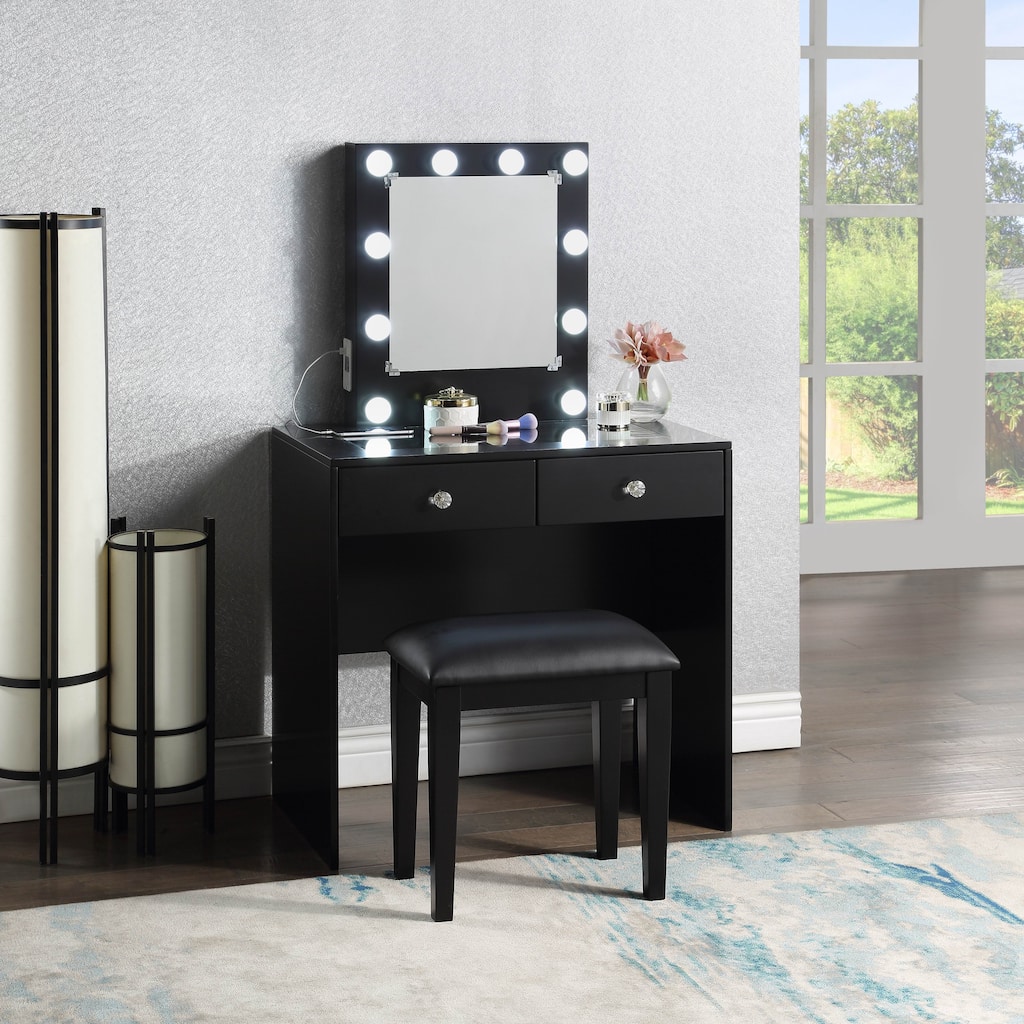 Makeup Vanity and Stool Set with 10 Lights and USB Port and Power Outlet