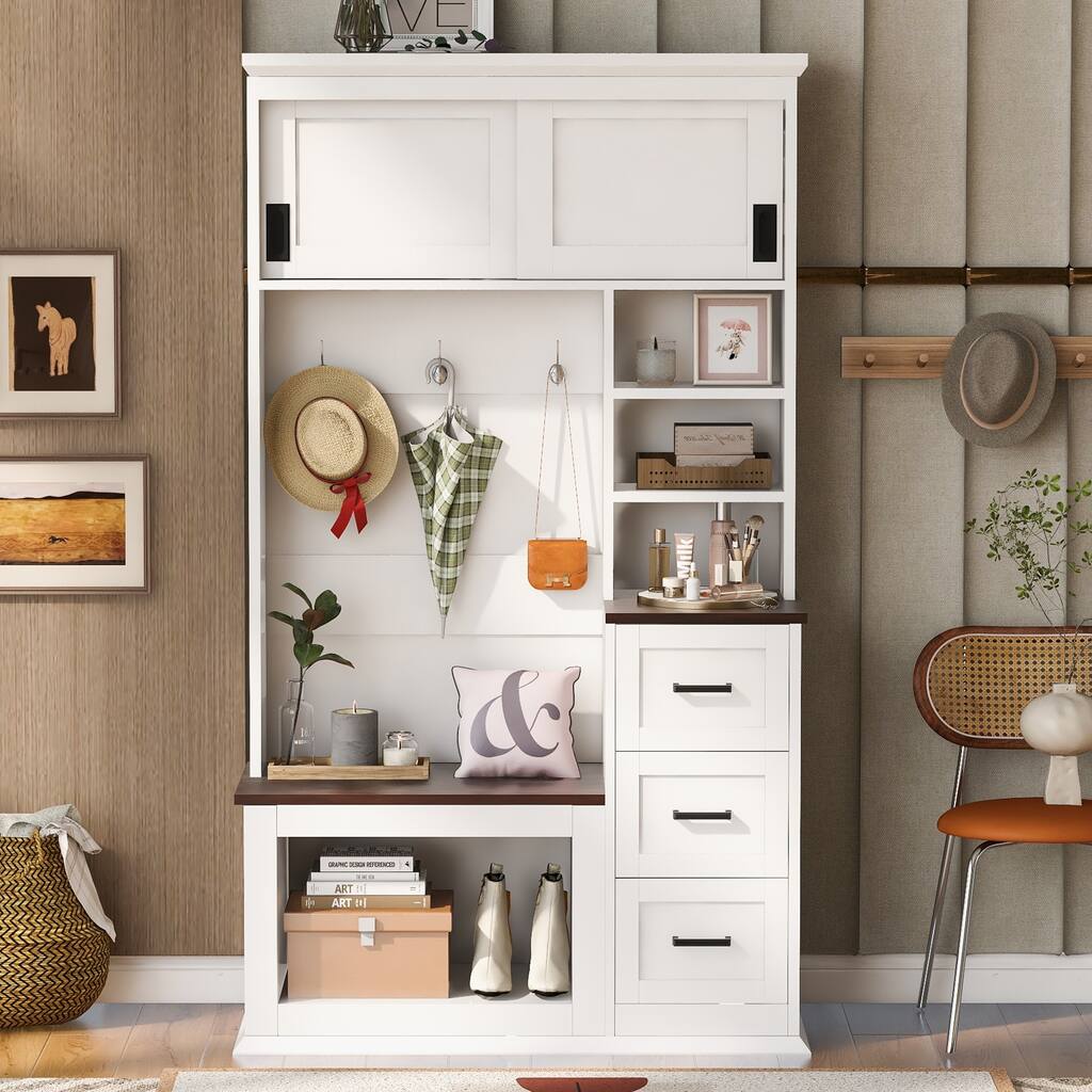 Modern 71.3"H Versatile Hall Tree with 3 Hooks & Storage