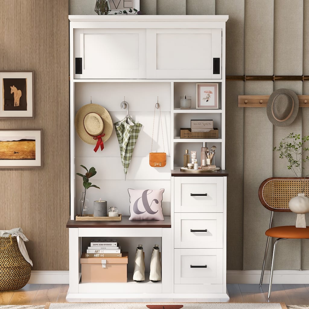 Modern Entryway Bench with 3 Shelves and Drawers