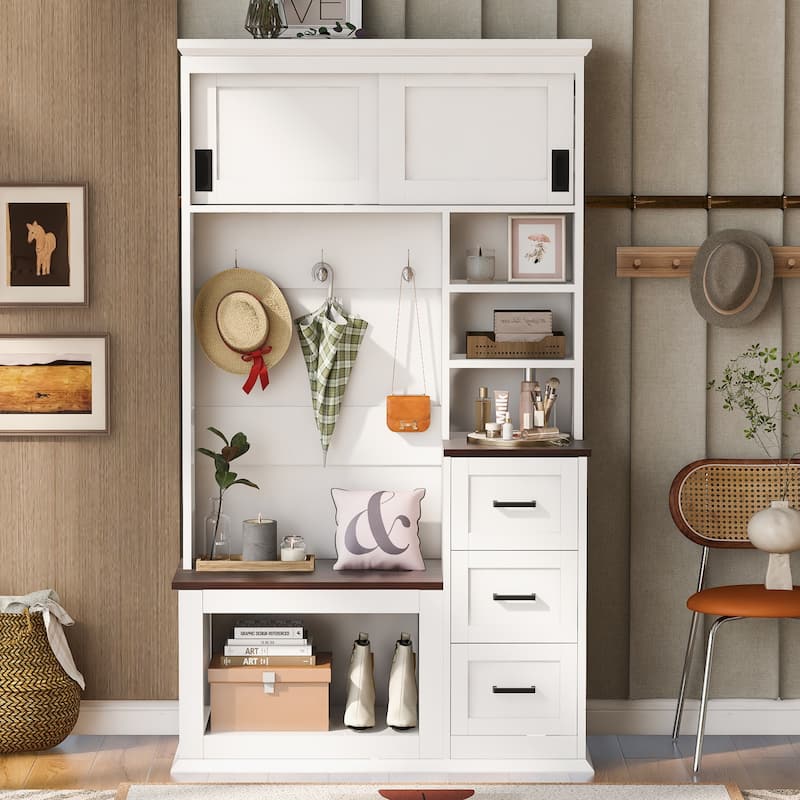 Modern Entryway Bench with Coat Rack, 3 Shelves & 3 Sturdy Hooks