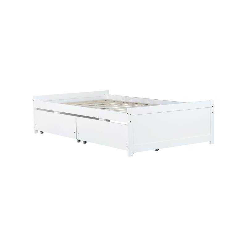 Twin Size Bed with 2 Storage Drawers Solid Rubber Wood Platform Frame