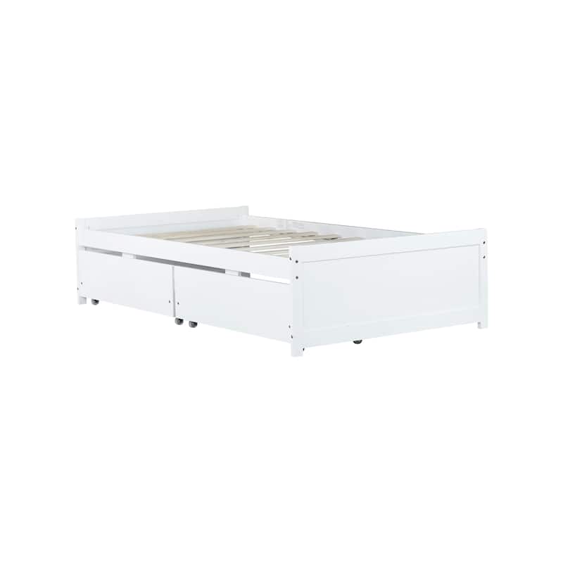 Twin Size Solid Rubber Wood Bed Frame with 2 Storage Drawers, Durable Wooden Platform Design