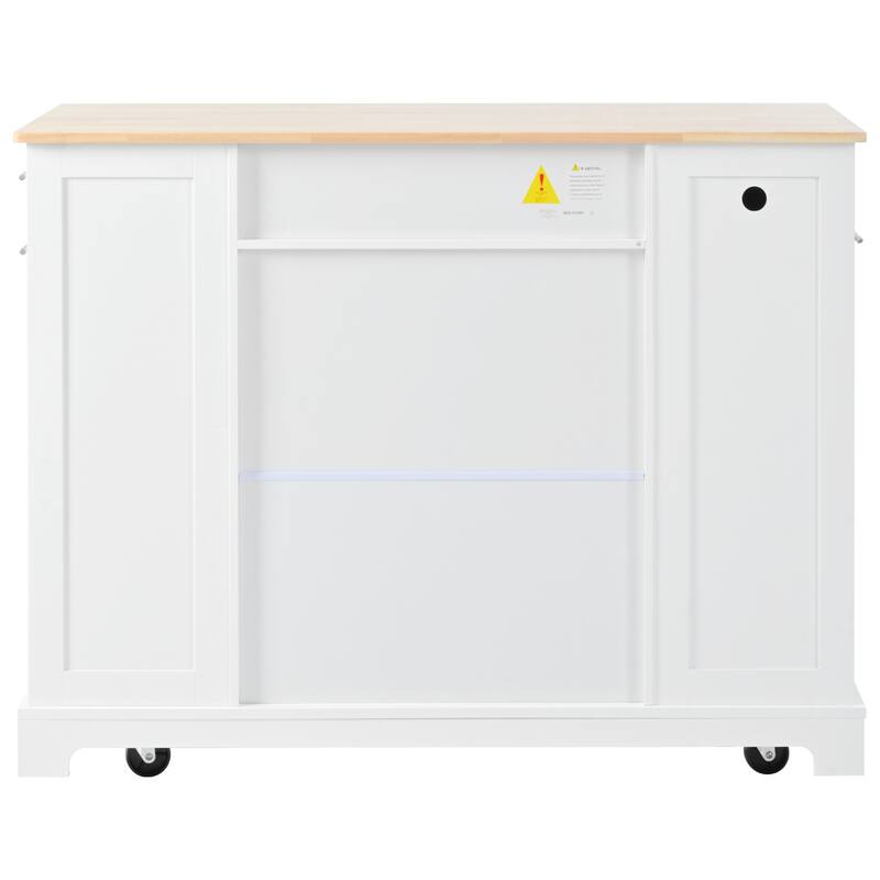 Fluted Kitchen Island with Trash Can Storage Cabinet,Power Outlet, Rolling Islands on 5 Wheels with 3 Drawer,3 Open Side Racks