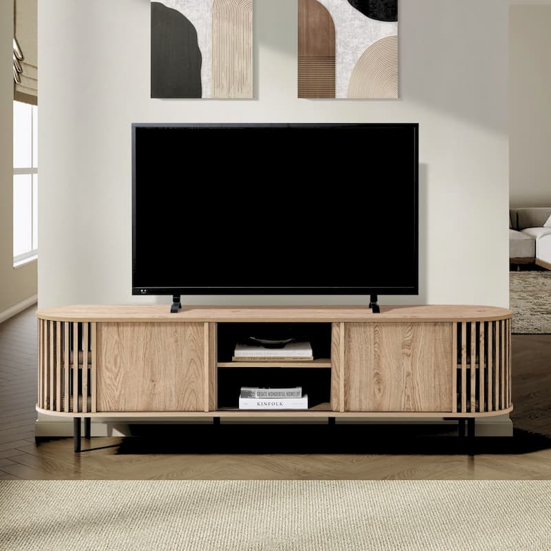 Light Oak Finish Engineered Wood 2-Door and Open Storage TV Console - 70.87" W